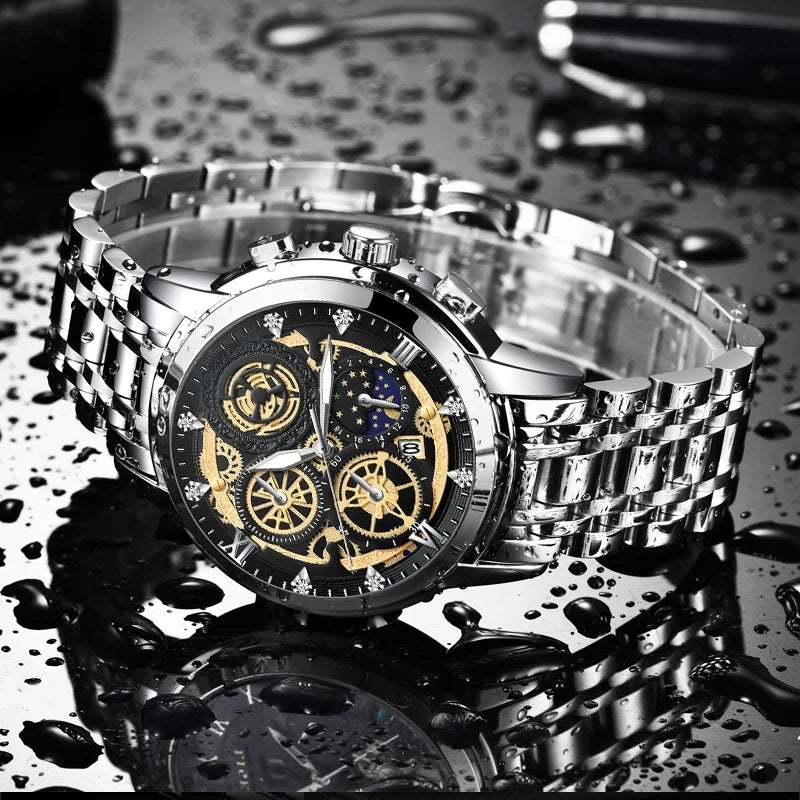 Fashion Watch Quartz Movement Automatic Calendar Full Stainless Steel Luxury Rhinestone Waterproof Elite Men Relogio Masculino